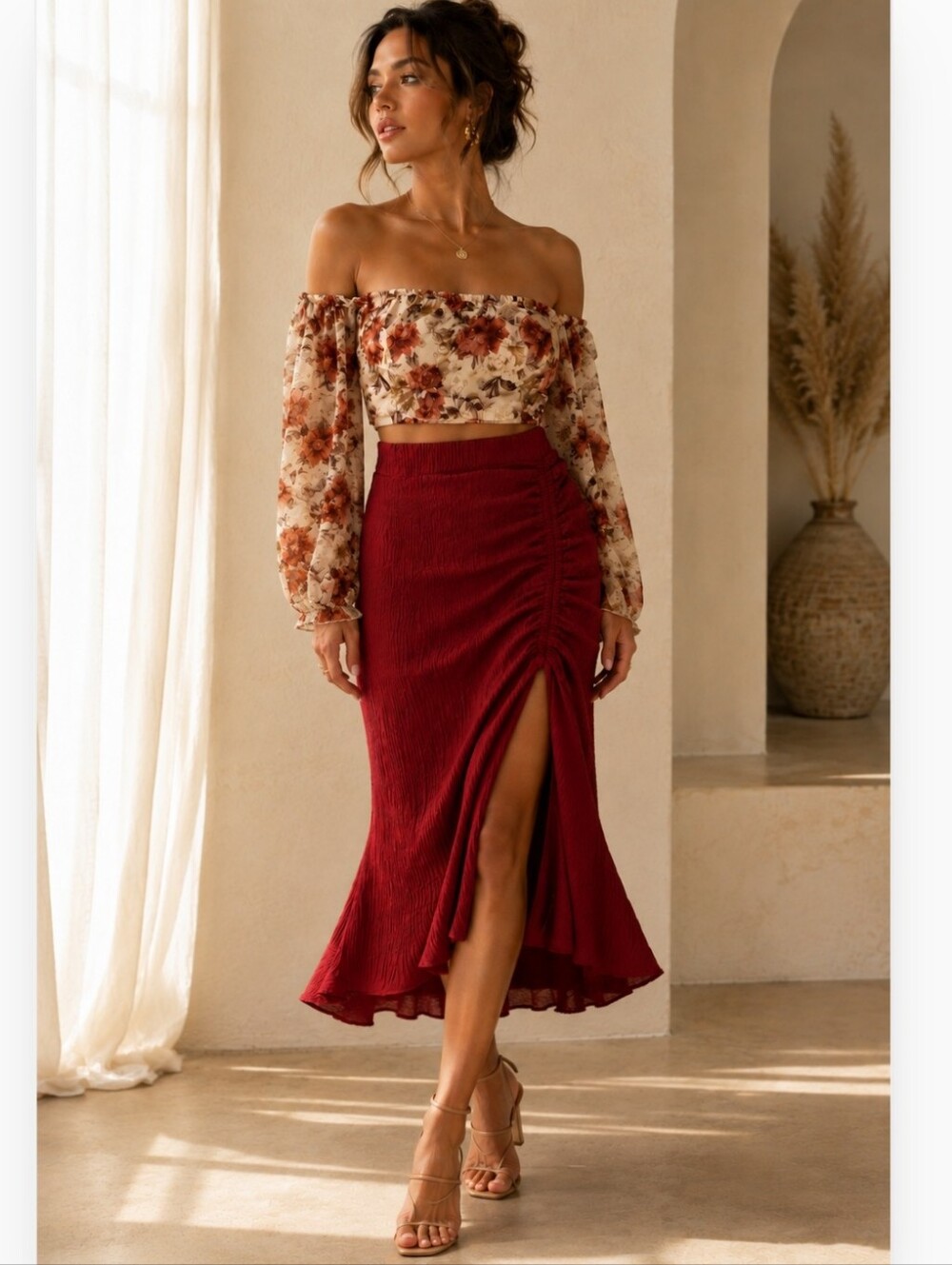 2 Piece Top & Skirt- Ruched High-Slit Midi Skirt in Burgundy With Chiffon Top - Picture 2 of 5